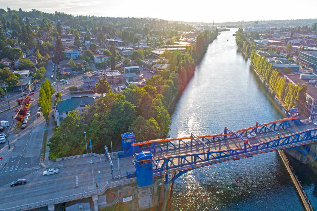 Fremont Bridge Seattle Lake Washington Ship Canal Magnolia Neighborhood Aerial