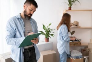 Happy man checking stuff in cardboard box before sent to transportation company and moving to new location apartment. couple checking things to do on clipboard