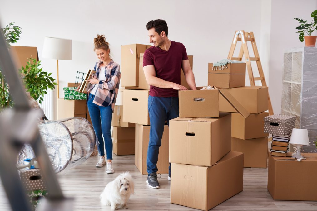 Young couple packing their stuff into boxes