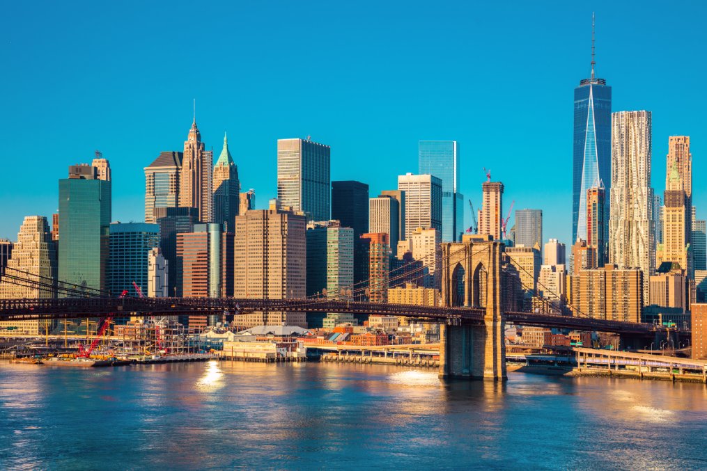 Skyline of downtown New York, Brooklyn Bridge and Manhattan at the morning light , New York City, USA