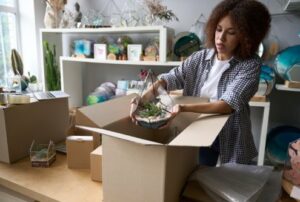 Young businesswoman packing pot plants in boxes in flower shop