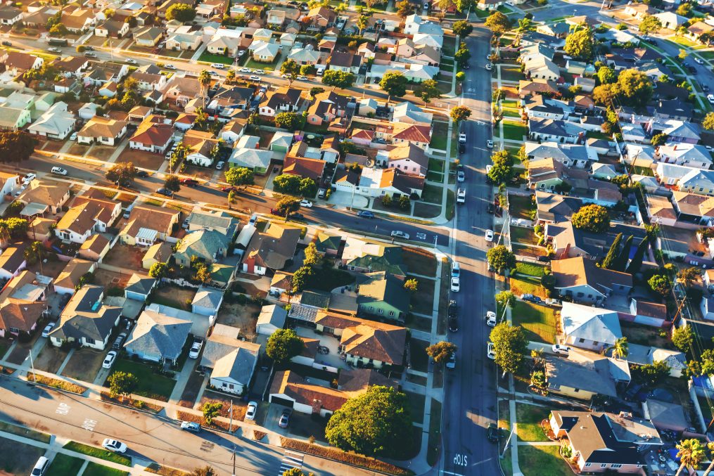 Aerial view of of a residential neighborhood in Hawthorne, in Los Angeles, CA