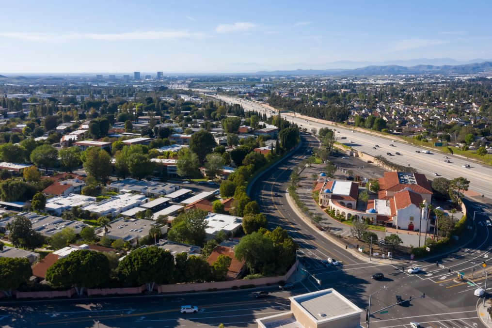 Day time aerial view of the downtown area of Laguna Woods, California, USA.