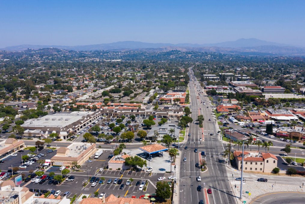 Day time aerial view of the city of Tustin, California.