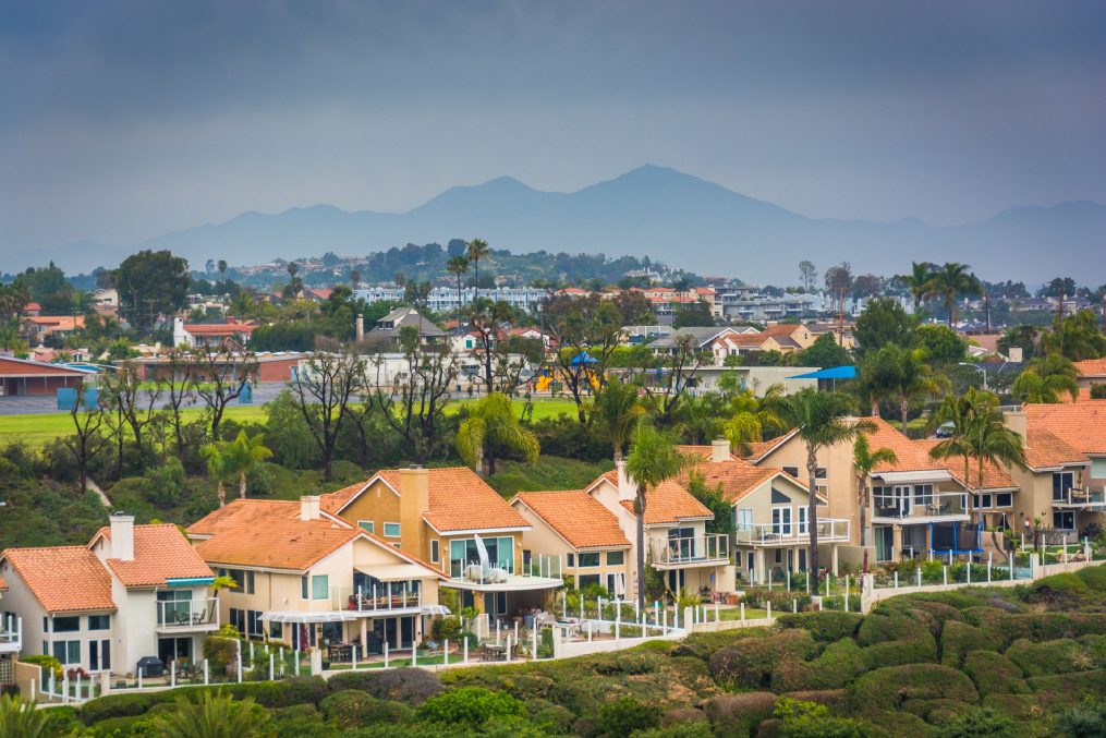 View of houses and distant mountains from Hilltop Park in Dana Point, California.