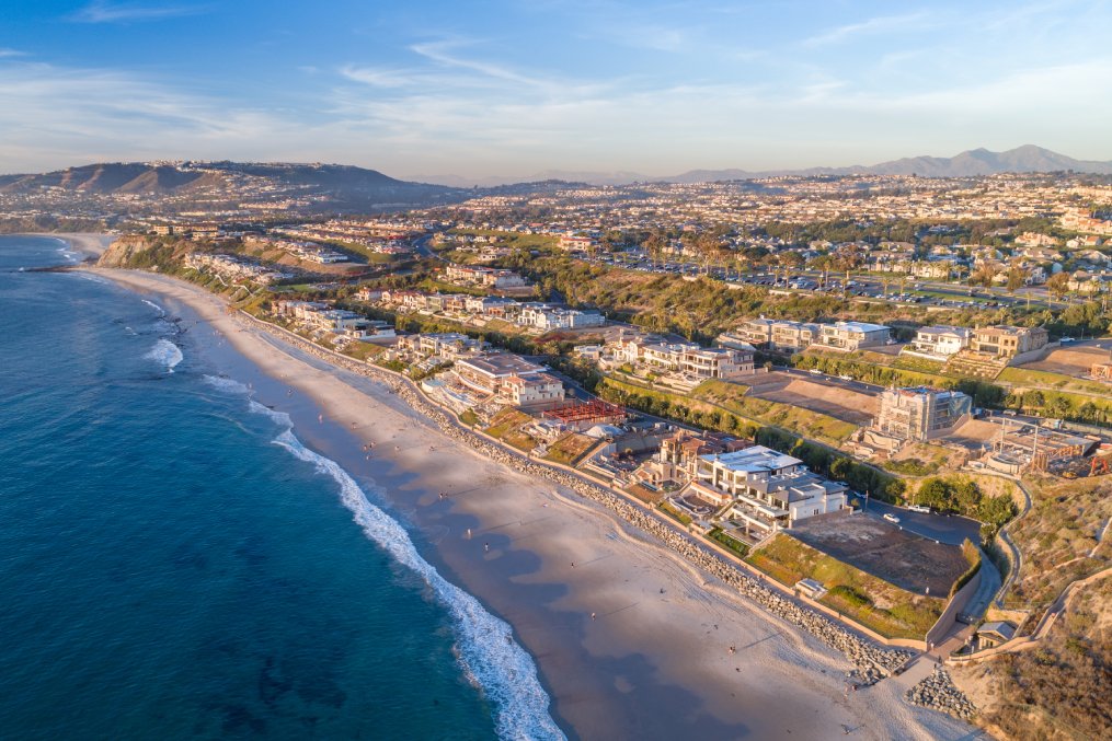 Aerial view of The Strand in Dana Point, California in Orange County on a sunny day.