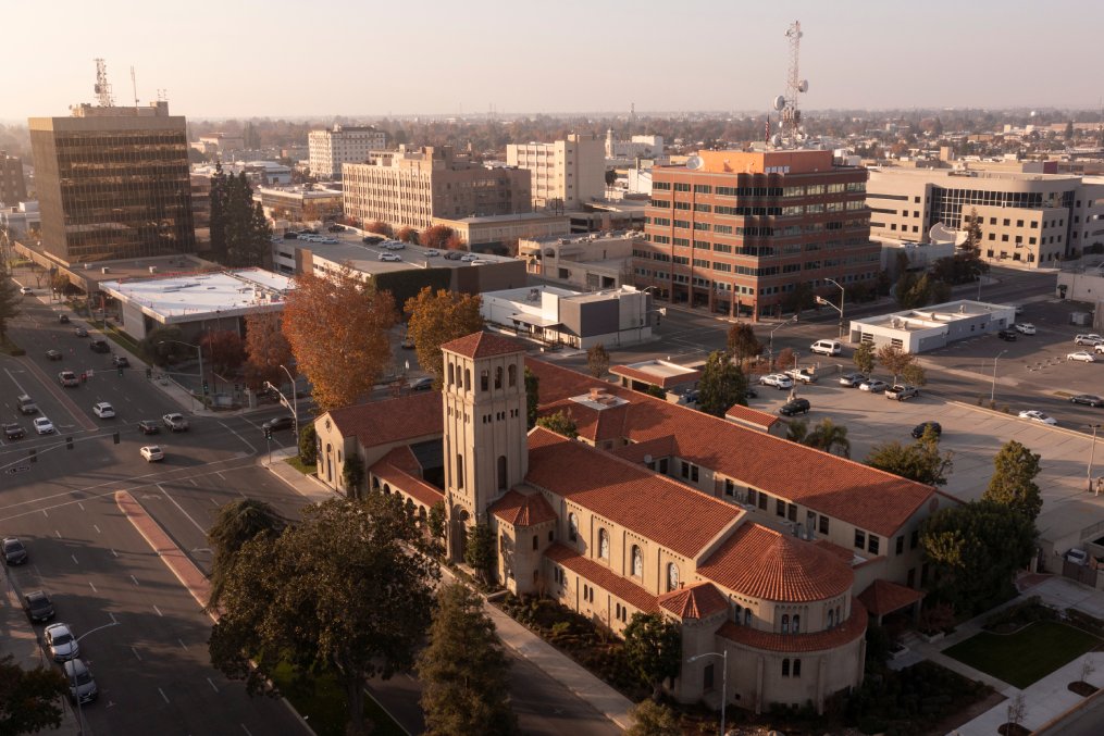 Sunset aerial view of historic downtown Bakersfield, California, USA.