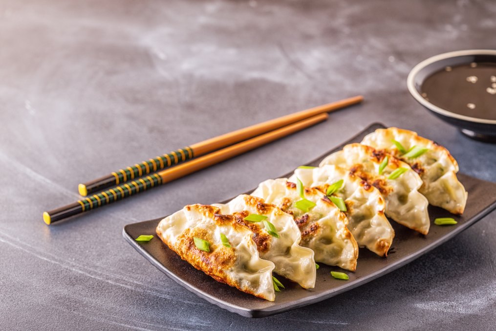 Gyoza or dumplings snack with soy sauce, selective focus, copy space.