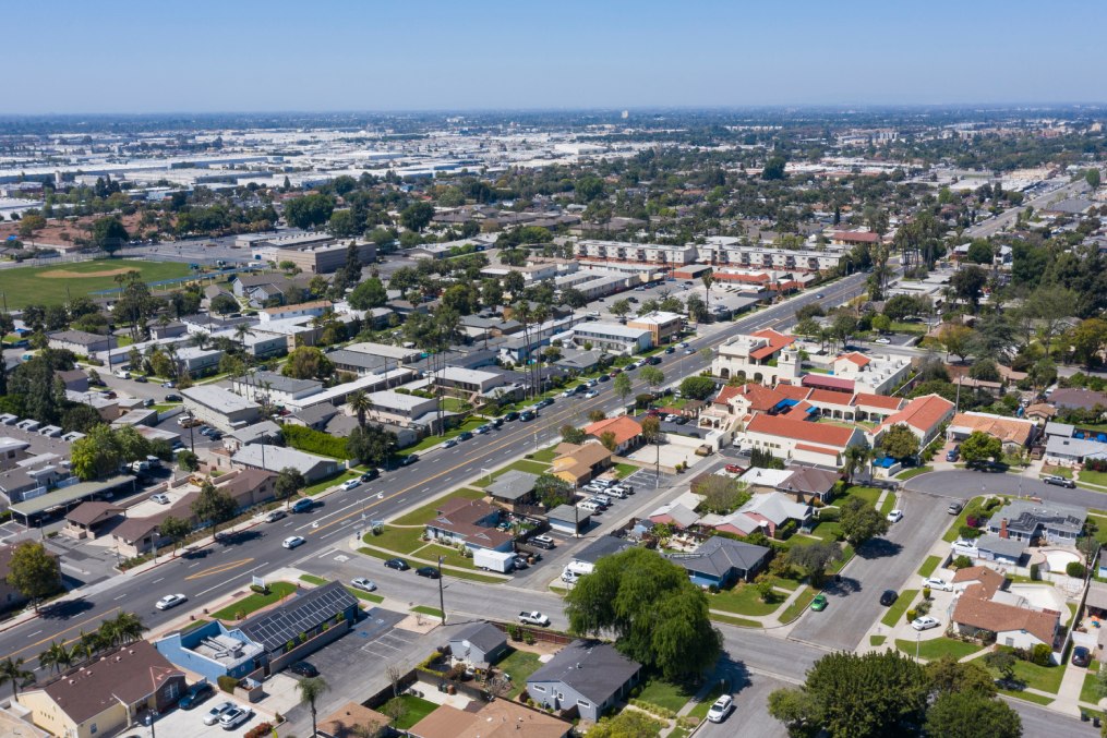 Aerial view of Downtown Fullerton, California.