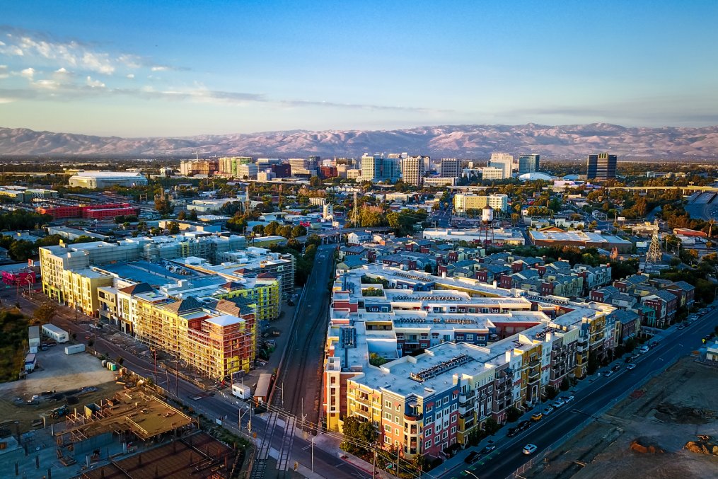 Drone photo of sunset over downtown San Jose in California