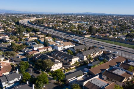 Day time aerial view of the dense residential core of Garden Grove, California, USA.