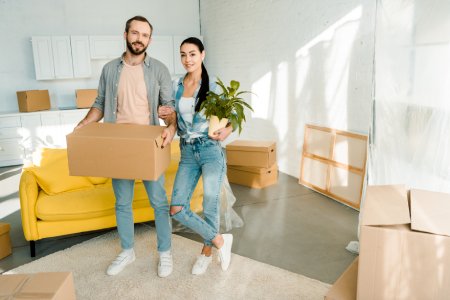 husband carrying cardboard box and wife holding green plant while packing for into new house, moving concept