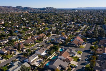 Day time aerial view of the residential area of Villa Park, California, USA.