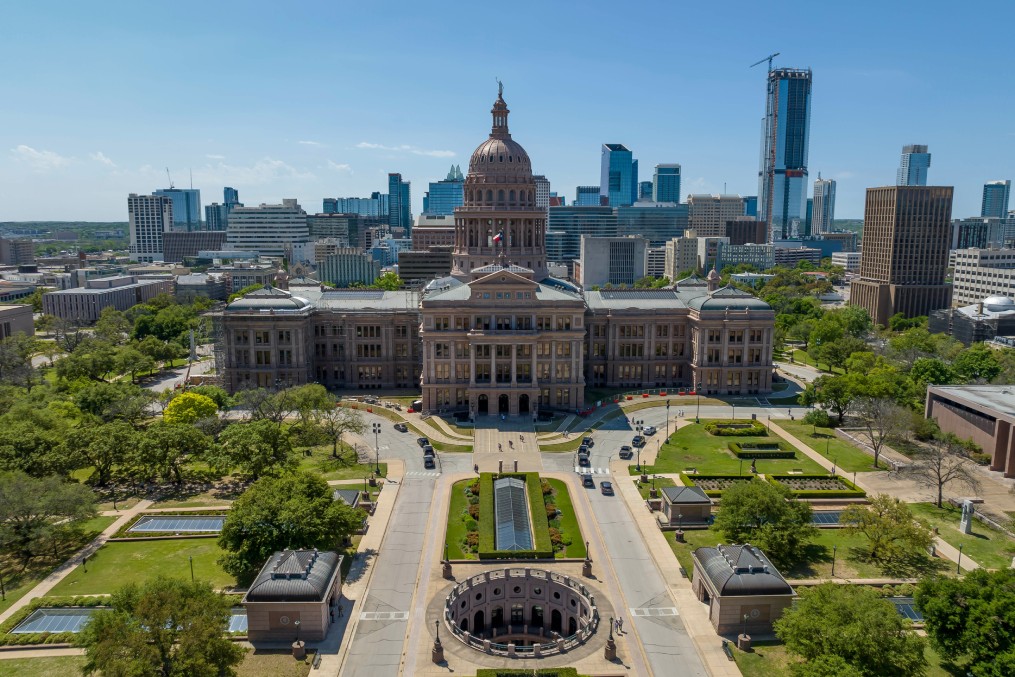 Aerial view of the Texas State Capitol Building In the city of Austin, Texas.