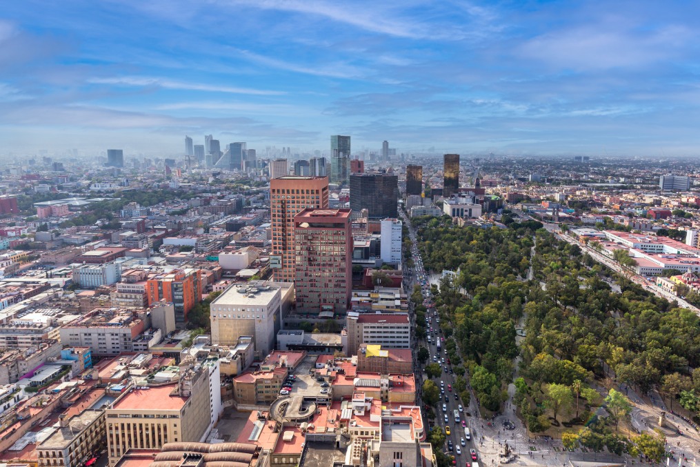 Scenic panoramic view of Mexico City center from the observation deck at the top of Latin American Tower Torre Latinoamericana.