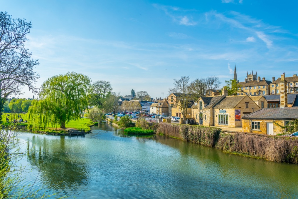 Skyline of Stamford over river Welland, England