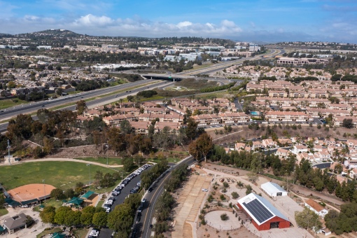 Aerial view of the urban core of Orange County city of Aliso Viejo, California, USA.