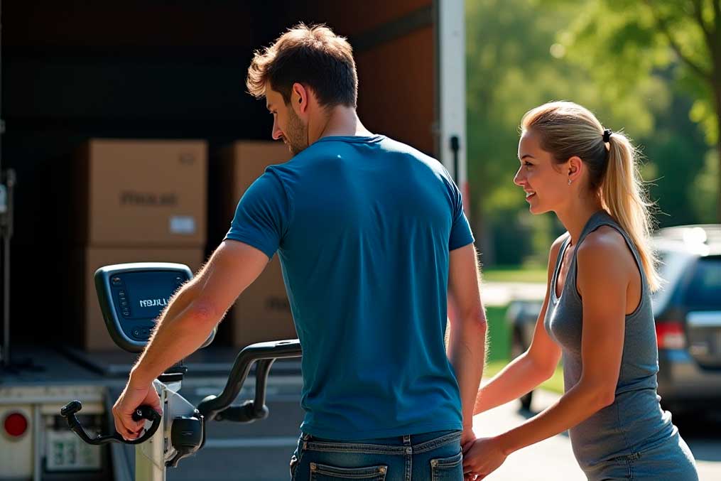 A man and woman stand beside a moving truck, preparing to relocate their home gym equipment.