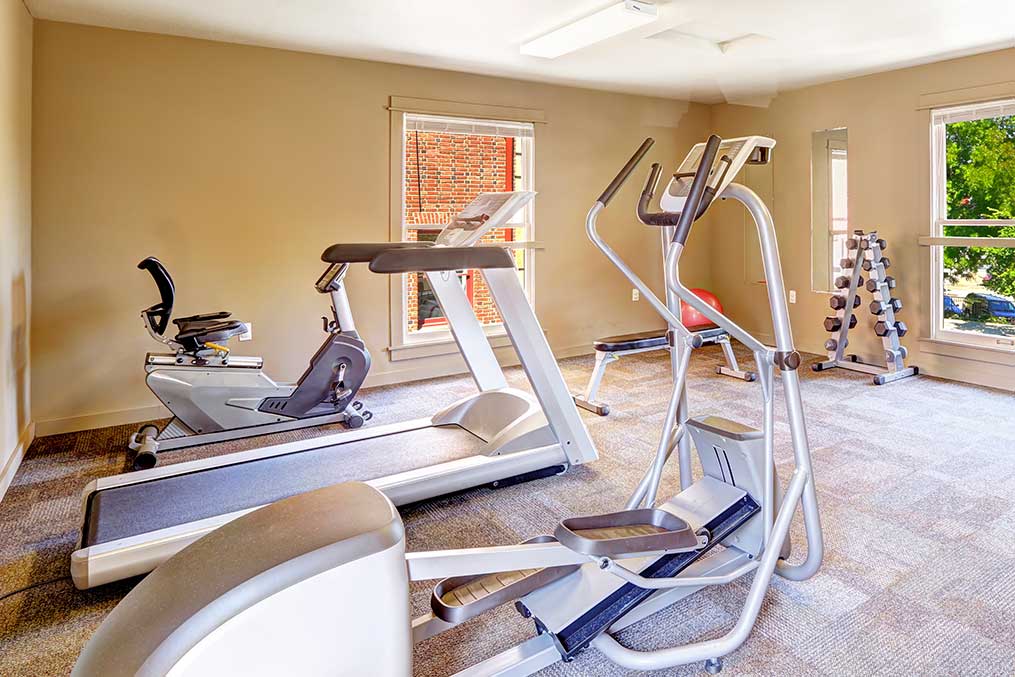 Interior of a gym with exercise machines and bright windows, showcasing a well-equipped workout environment.