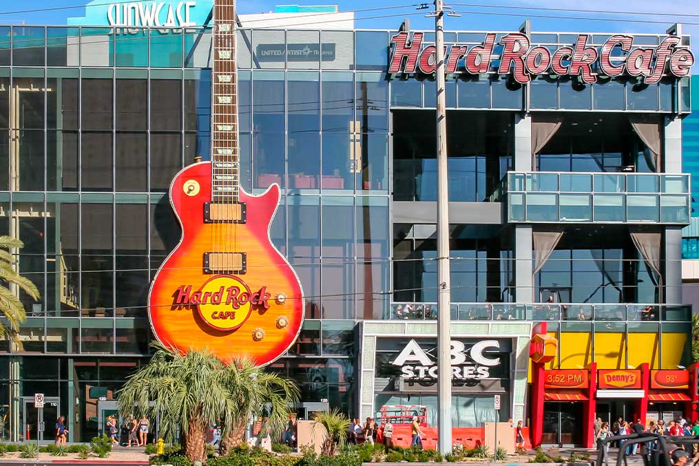 Hard Rock cafe Las Vegas: A large guitar on display outside a casino, symbolizing entertainment in Las Vegas.