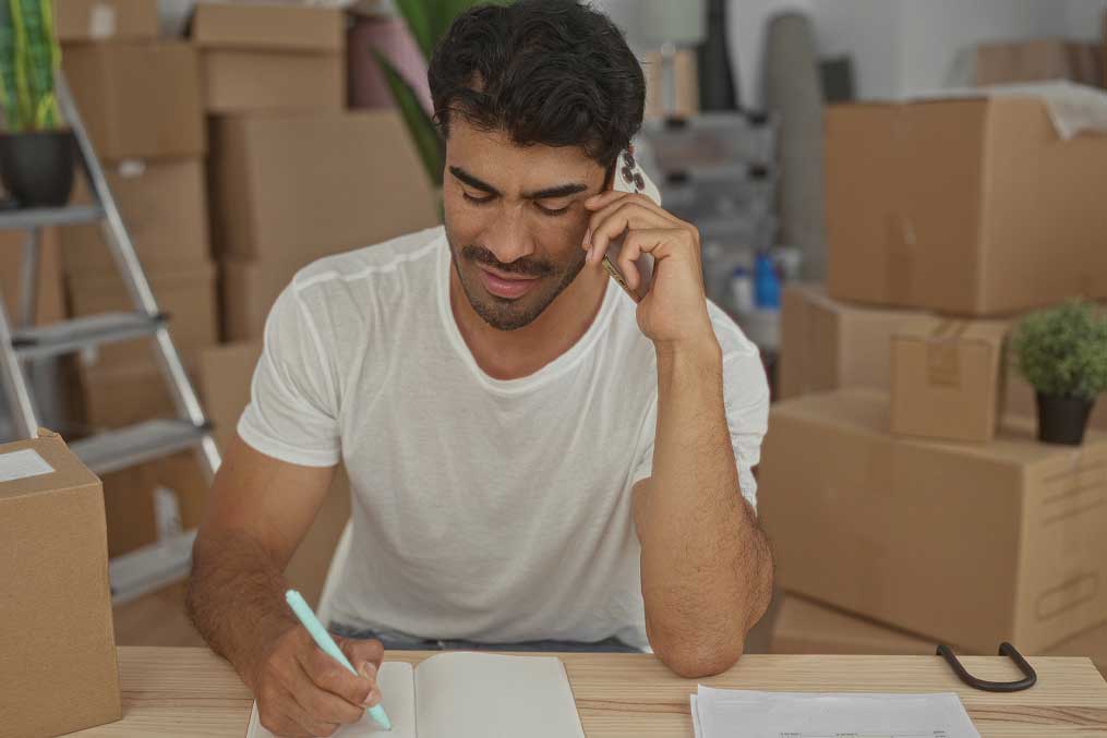 Man writing with pen in notebook and holding phone to ear in a building; planning productivity focus.