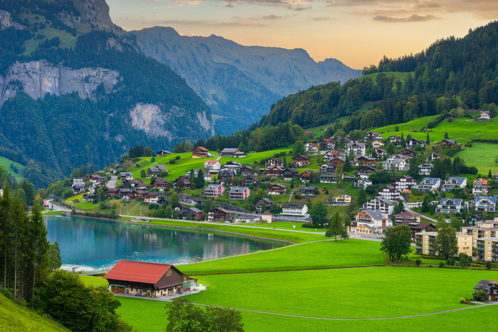 Engelberg, Switzerland with Eugenisee Lake and alps.