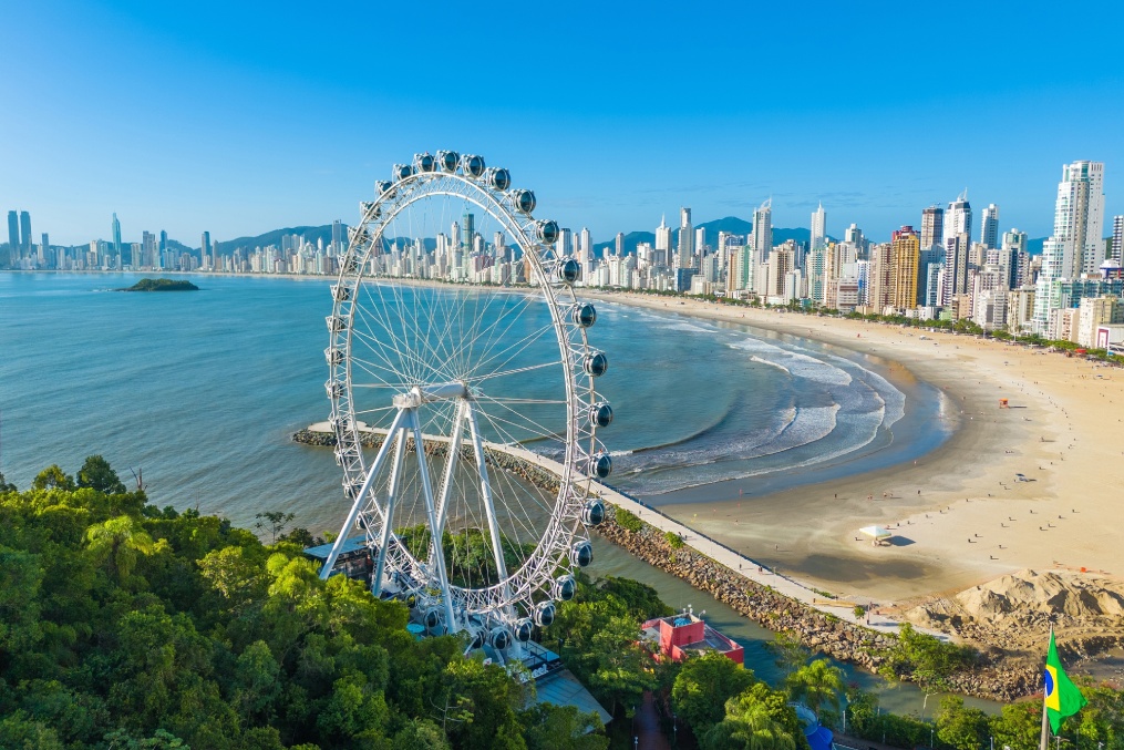 Beautiful Aerial View of Balneario Camboriu City and Beach With Ferris Wheel on the Hillside