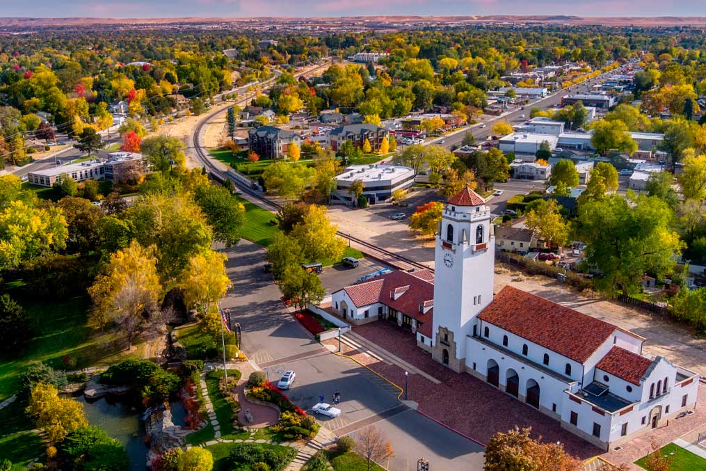 Autumn trees and train depot in Boise Idaho